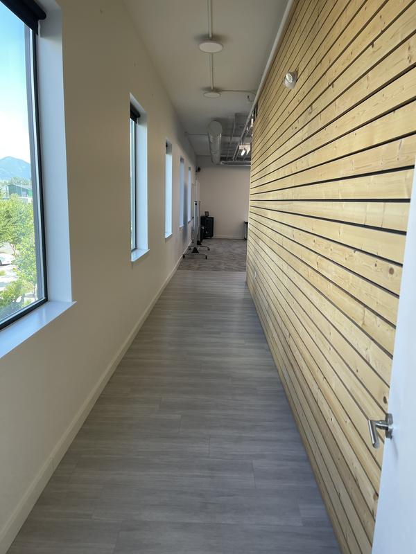 Long corridor with a slatted timber wall and daylight